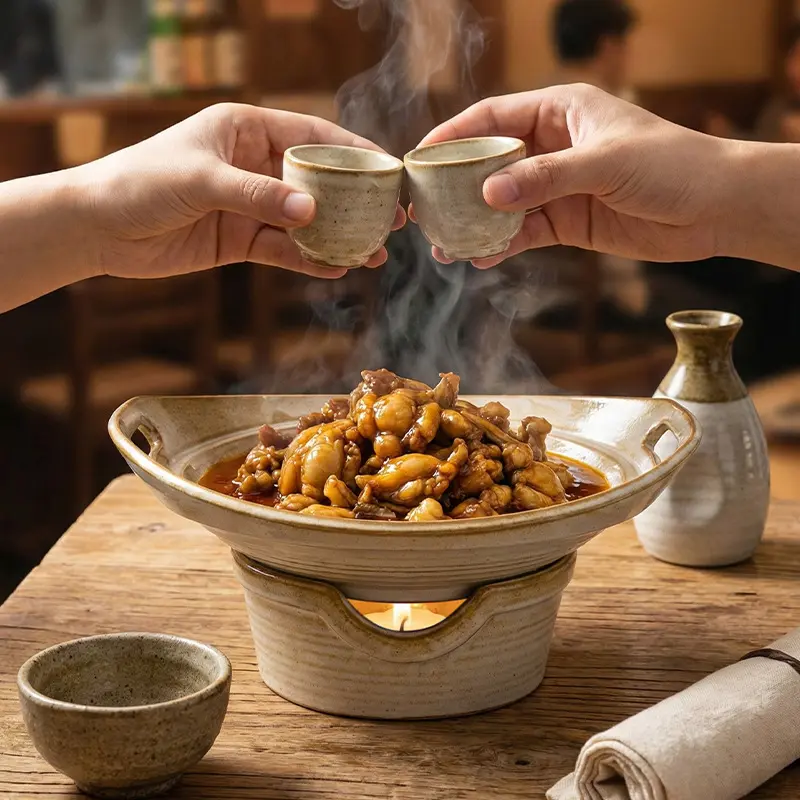Rustic Ceramic Serving Dish with Warming Base, Vintage Glazed Double-Handle Bowl for Hot Food, Stews and Braised Dishes, Decorative Tabletop Serveware for Home Dining and Entertaining