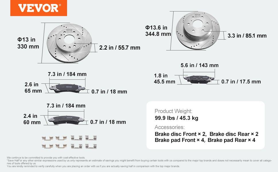 VEVOR Drilled Slotted Front Rear Brake Rotors Pads Kit for Chevy Silverado GMC