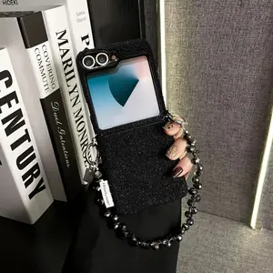 Luxury Black Glitter Lace Pattern Phone Case with Crystal Bracelet Chain for Samsung Galaxy Z Flip7 Z Flip 6 Z Flip5 Back Cover