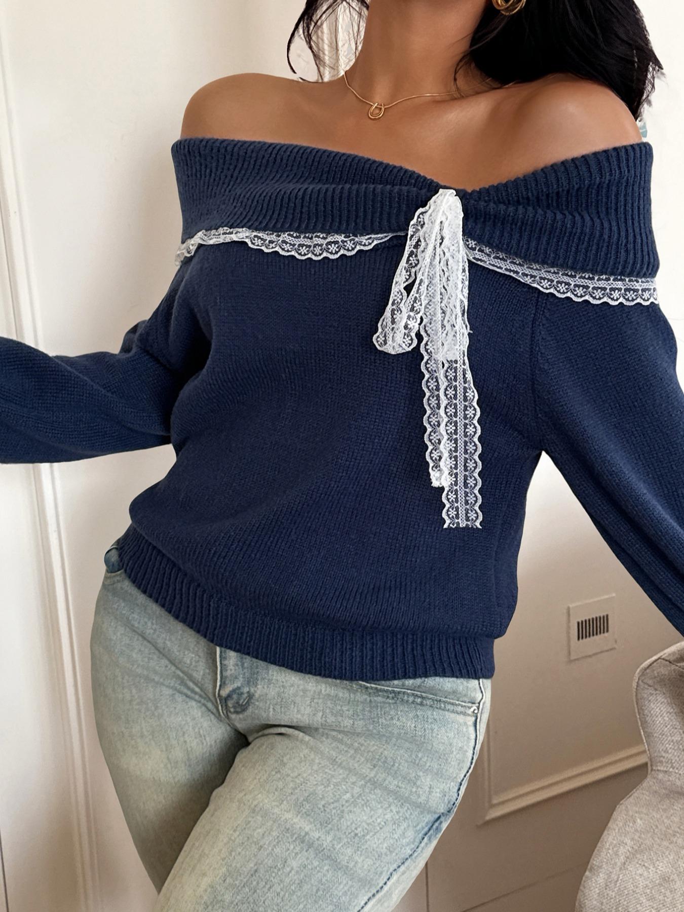 Women's off Shoulder Lace Bow Long Sleeve Pullover Sweater, Cute Knit Top for Fall & Winter, Casual Fashion for Ladies, Women Fall Outfit, Cute Winter Sweater for Women, Autumn Knitwear