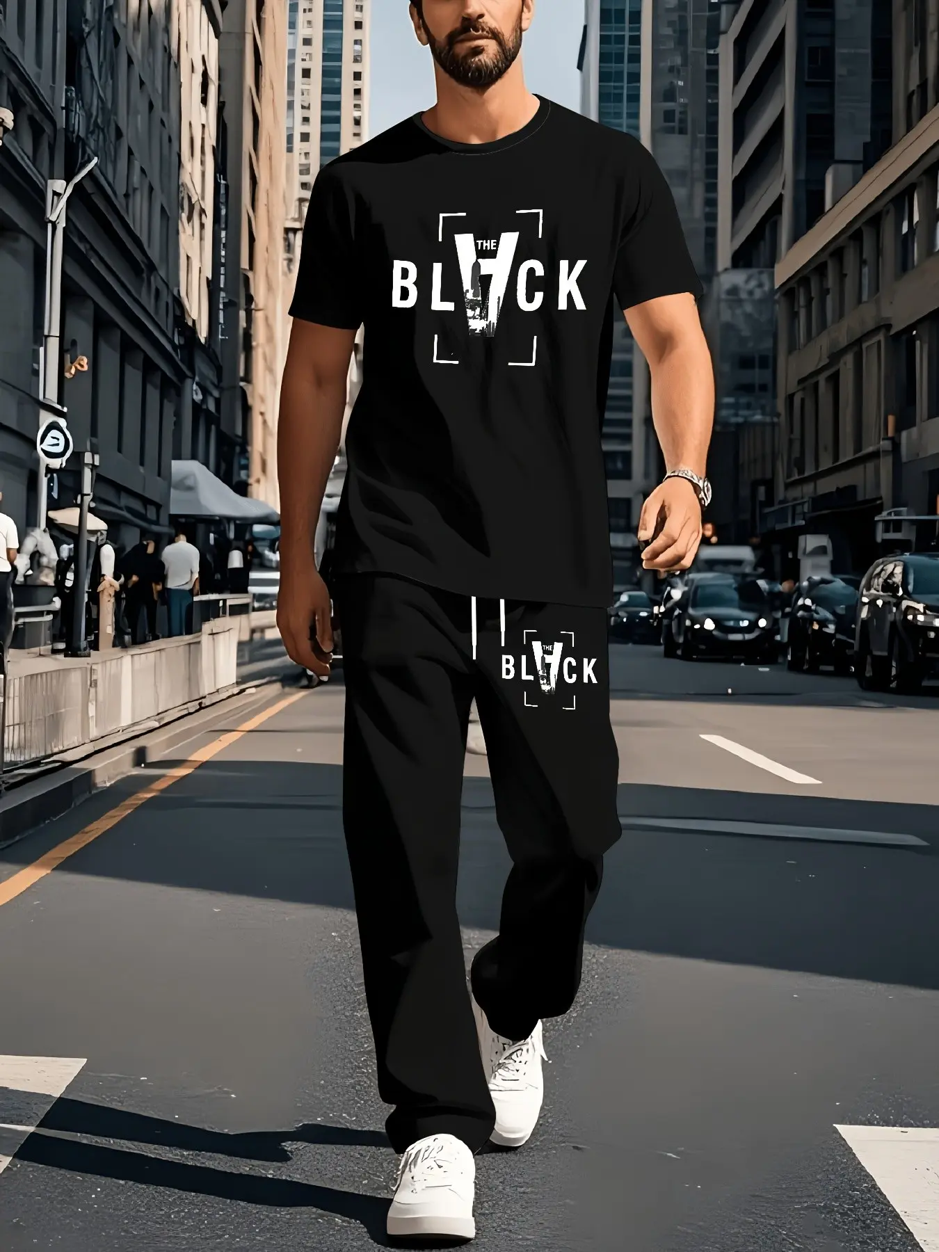 Men's casual two-piece set: a simple letter print short-sleeved T-shirt and drawstring trousers, suitable for all occasions.