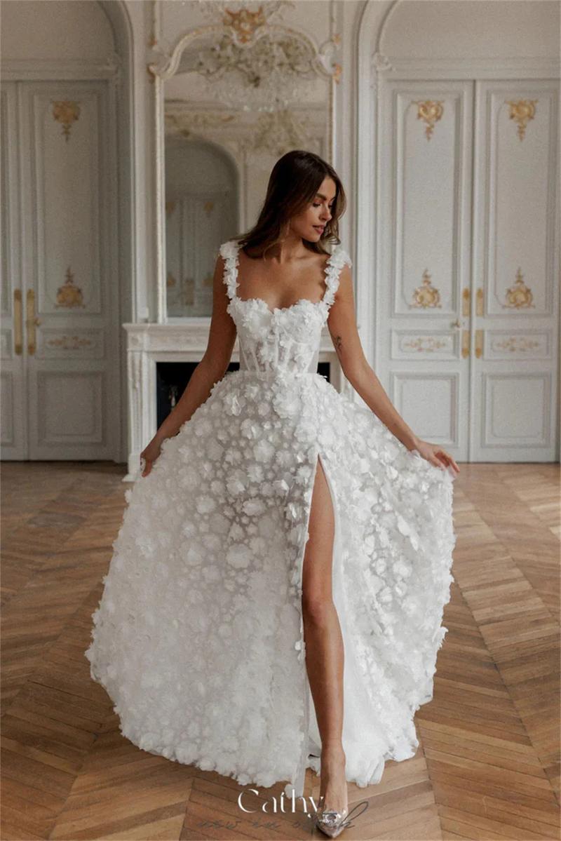 Cathy White 3D Flower Prom Dresses Lace-up Back A-line vestidos de noche Elegant Sleeveless Side High Split Formal Evening 2024 Womenswear Comfort