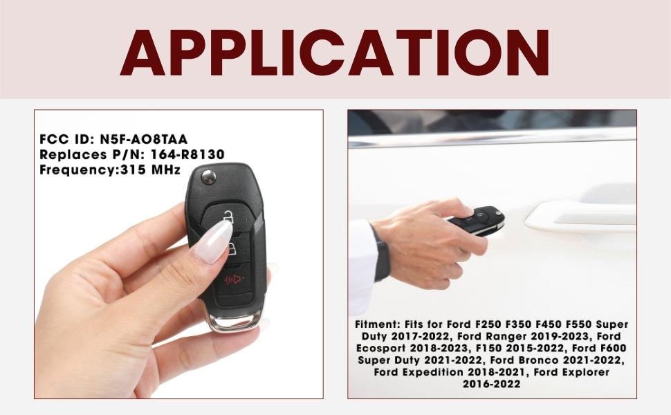 N5F-A08TAA Key Fob Replacement for Ford F150 (2015-2022), F250 F350 F450 F450 (2017-2022), for Explorer Ranger Ecosport Bronco, Replace #‎164-R8130 #5923667, 3 Button Keyless Entry Flip Remote, 315Mhz