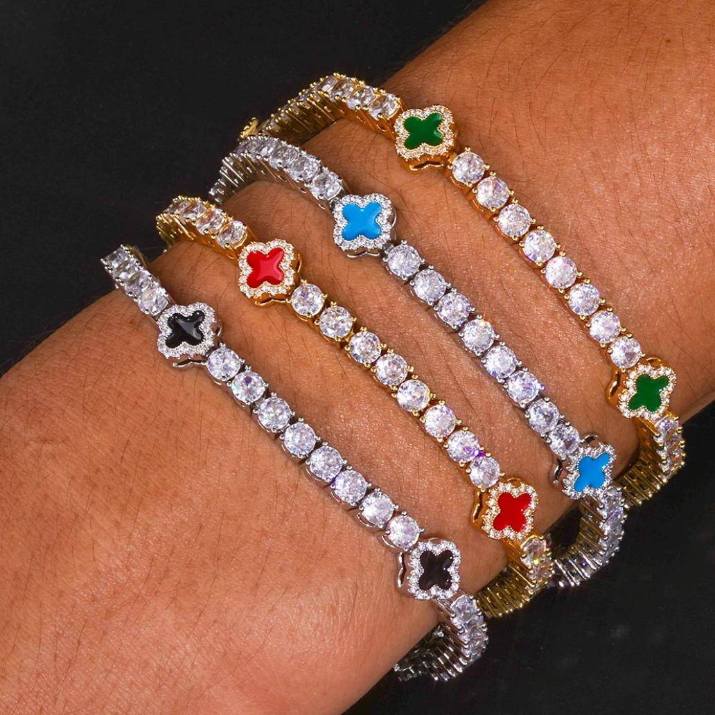 Women White Gold Plated Tennis Bracelet Iced Out CZ Chain Red Green Blue Black Clover Charm Hip Hop Jewelry