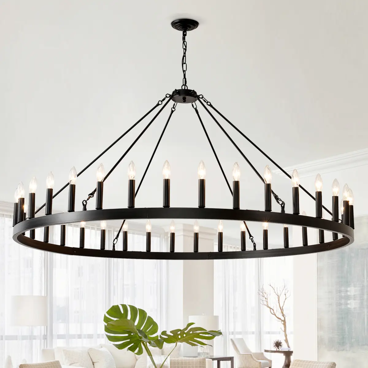 59.1INCH 36-Light Extra Large Wagon Wheel Chandelier, Black Farmhouse Round Wheel Chandelier Light Fixtures Wagon Wheel Chandeliers For Porch High Ceilings Dining Room Living Room,Kitchen, Bedroom-E12