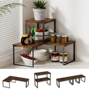 Countertop Organizer Corner Shelf, 2 Tier Adjustable Stackable Corner Shelves for Kitchen, Bathroom, Spice Rack, Coffee Area, Cabinet, Dresser Table, Corner Counter Shelf Stand, Rustic Brown