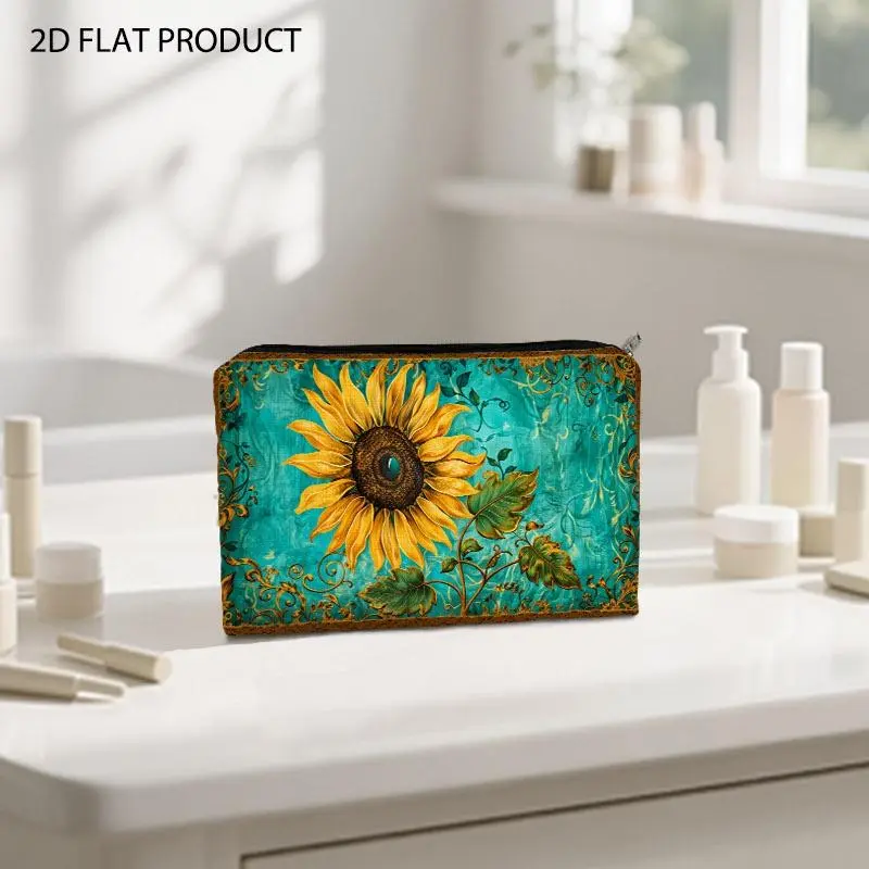 Vibrant Sunflower Decorated Makeup Bag, Double-Sided Print with Turquoise Background, Golden Ornate Swirling Borders & Painterly Vintage Aesthetic, 5.9*8.66inch Portable Cosmetic Pouch for Daily Makeup Organization & Travel Use