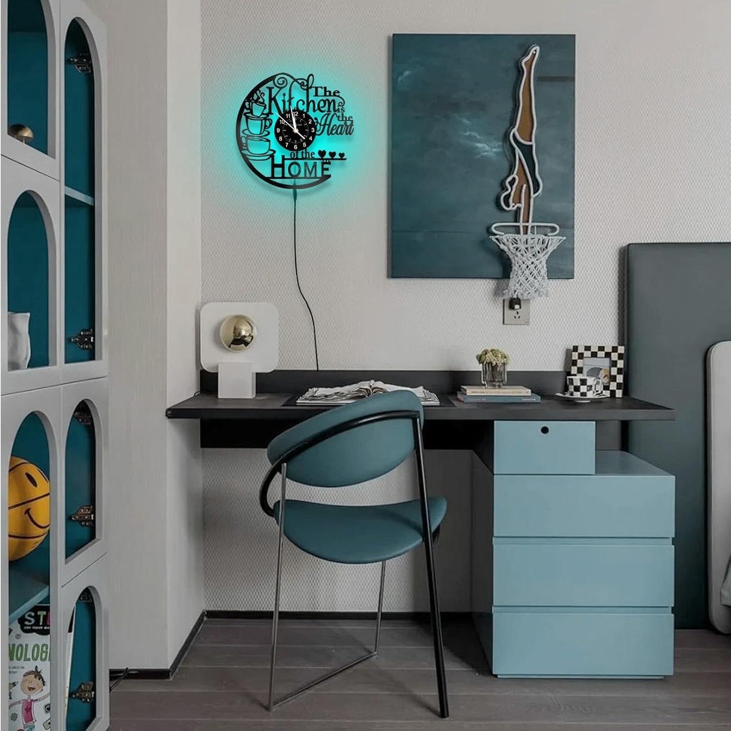 Kitchen Themed Wall Clock, 1 Count Battery Powered Wall Clock with LED Night Light, Led Wall Clocks, Decorative Wall Clock for Home Kitchen Coffee Shop (without Battery)