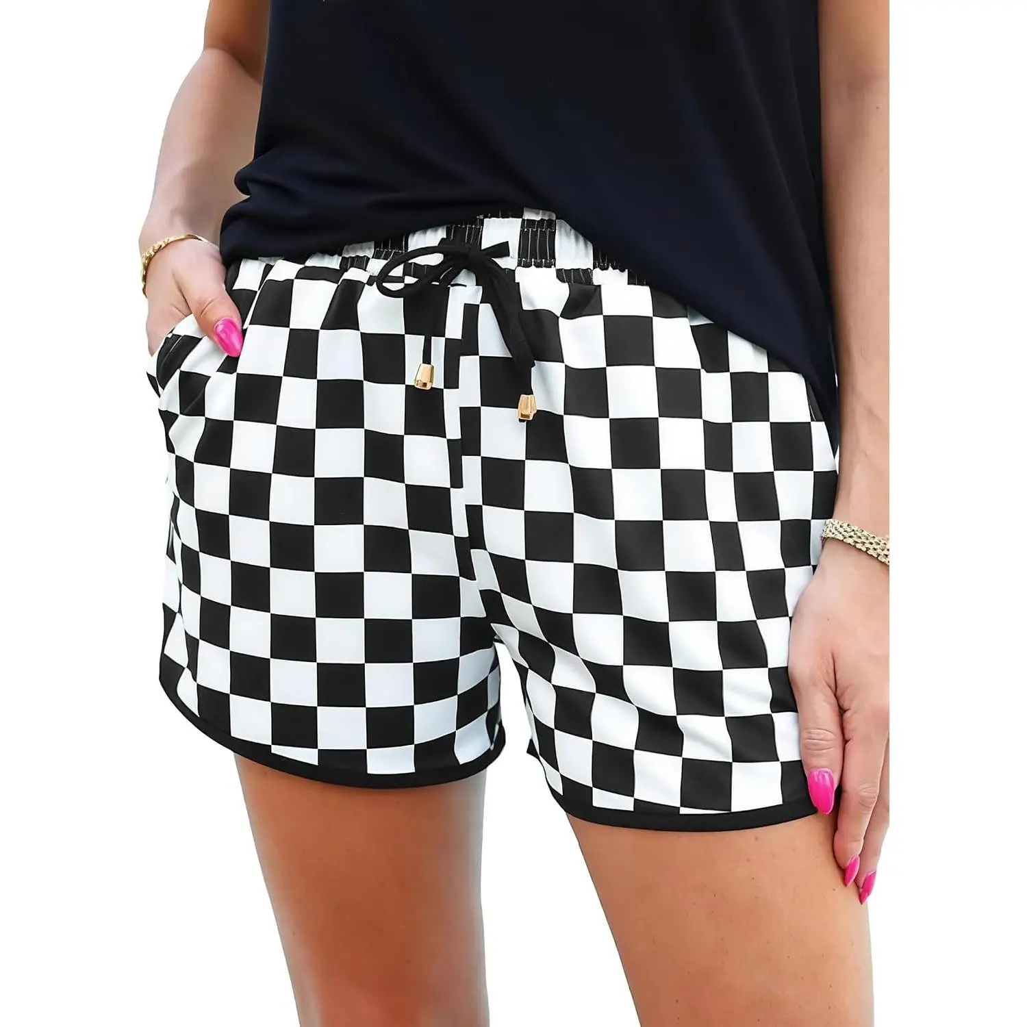 Women's Comfy Gingham Checkerboard Spandex Shorts - Elastic Waist with Drawstring, Pockets, Blouse-Matchable Fabrics - Casual Preppy Streetwear for Summer Beach, Festival Use, High Waisted, Athletic