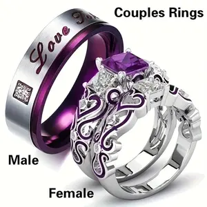 Luxury rings Ring Inlaid with Purple Synthetic Zircon Couple Stainless Steel Engagement Ring Anniversary and Holiday rings Gifts