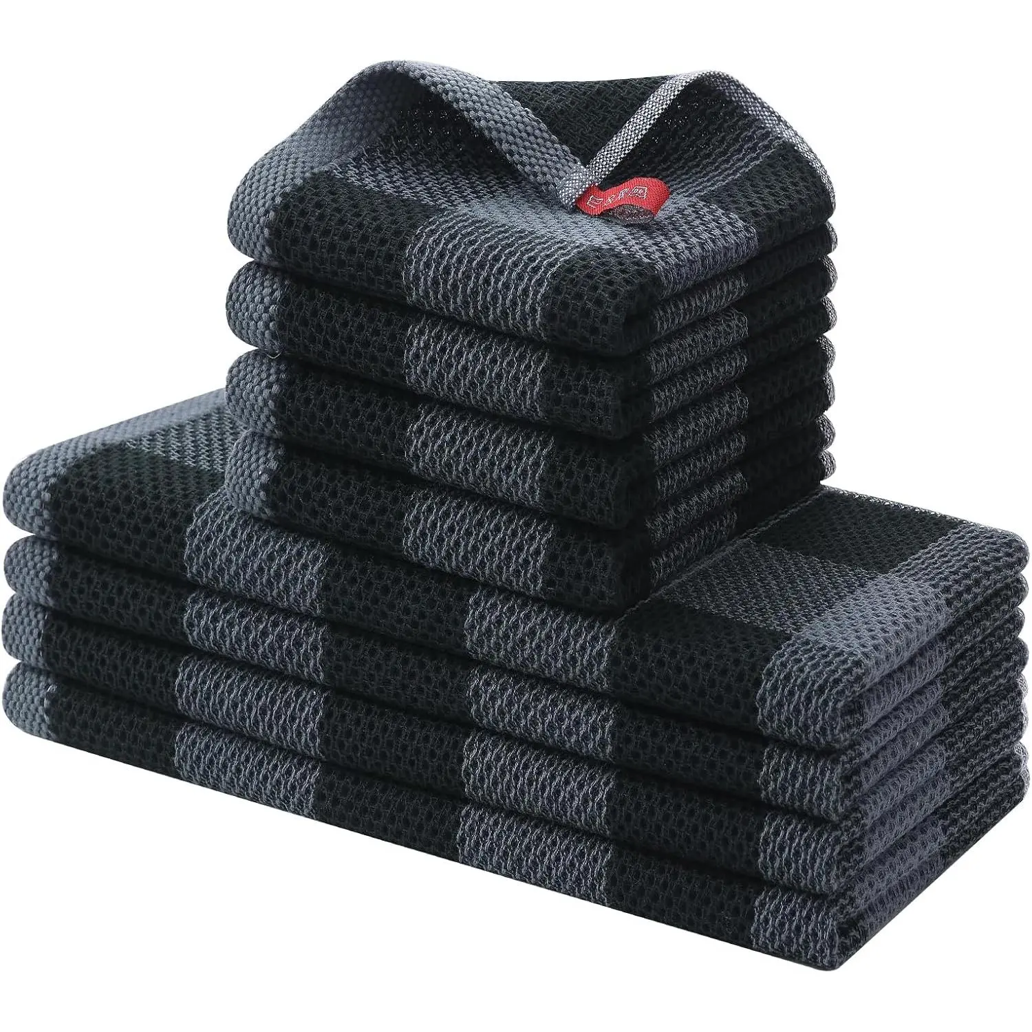 Towels and Dishcloths Set, 12 x 12 and 13 x 28 Inches, Set of 8 100% Cotton Waffle Weave Check Plaid Kitchen Dish Towels, Super Soft and Absorbent Dish Cloths, Black & Grey