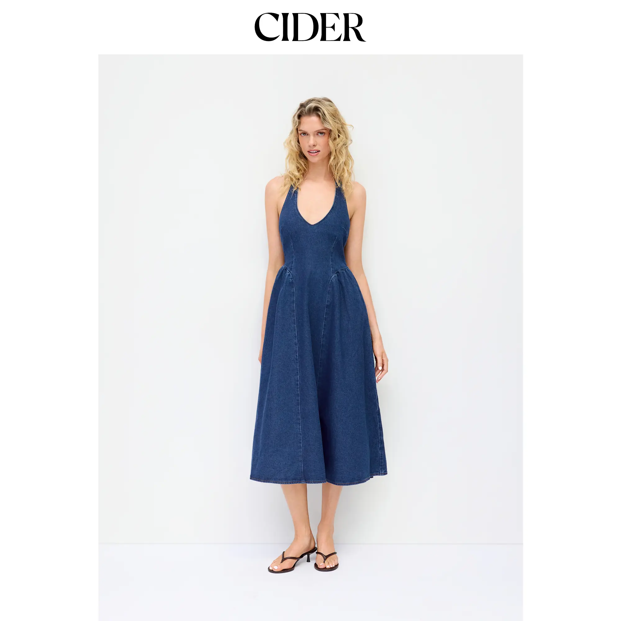 Cider Stretch Denim Halter Neckline Washed A-line Maxi Dress SohoChic
