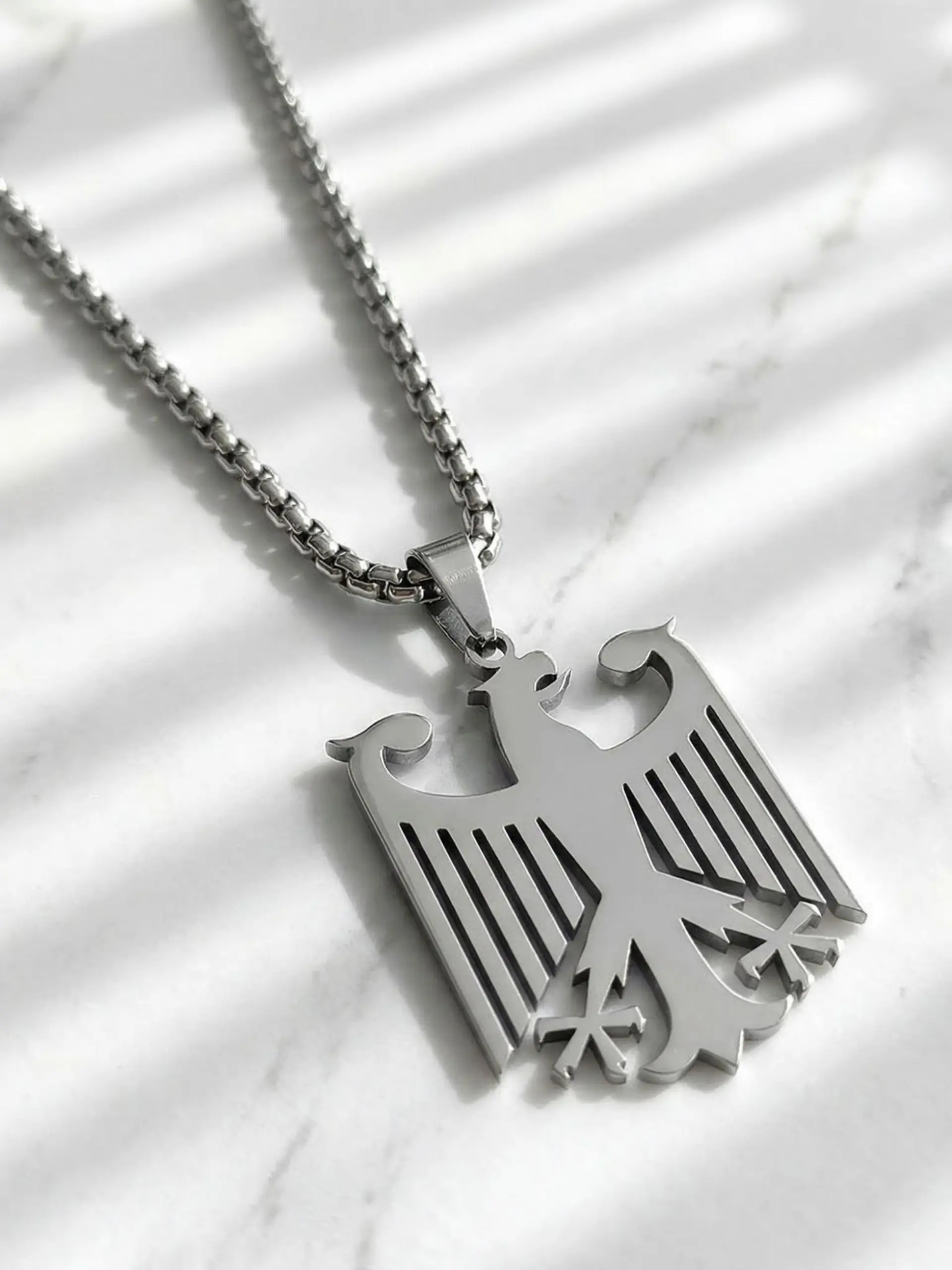New Stylish Large Stainless Steel German Geometric Eagle Couple Pendant Necklace, Square Pearl Chain, All Seasons Street Style