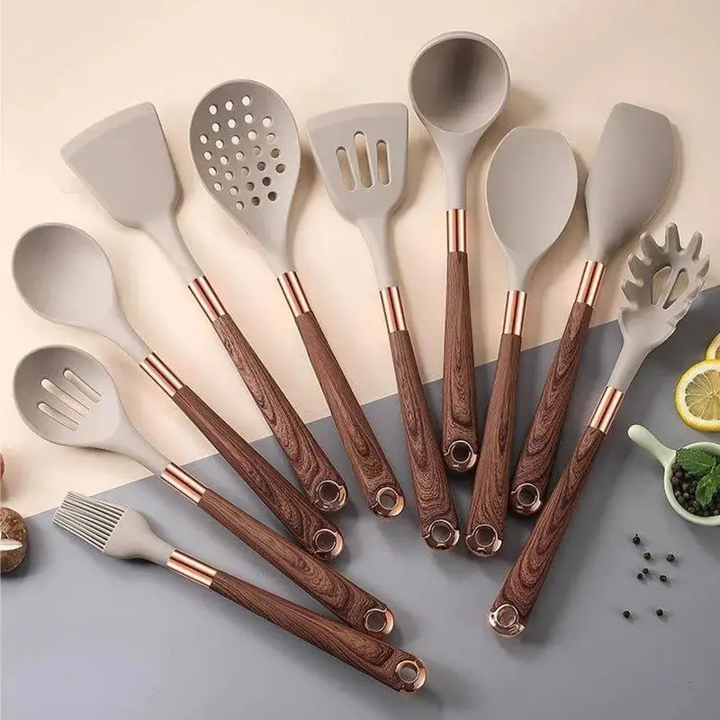 11Pcs Wood Grain Handle Silicone Cooking Utensils Set,Heat Resistant Non-Stick Kitchen Spatula Ladle Turner Set,Cookware Tools for Daily Cooking