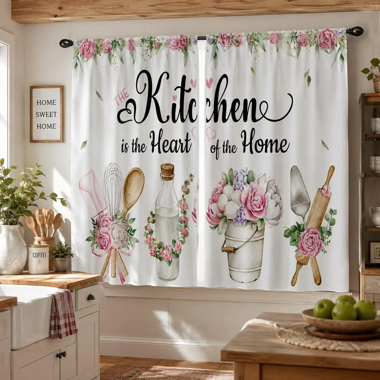2-Panel 28"X40" Pink Rose Eucalyptus Kitchen Curtains - Vintage PVC Rod Pocket Curtains with Spring Butterflies, Funny Quotes, Botanical Prints, Wrinkle Resistant, Durable, Machine Washable for Farmhouse Home Decor