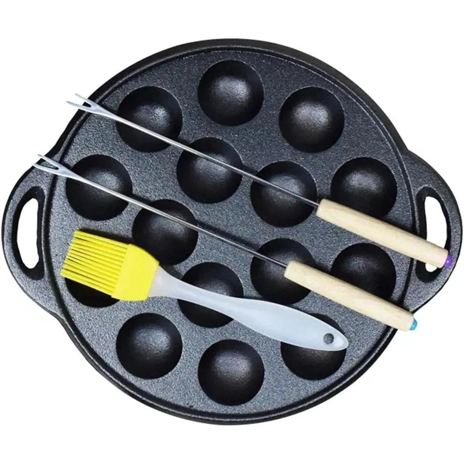 Non-Stick Cast Iron 15-Hole Pancake Pan, Multifunctional Takoyaki Maker Escargot Plate for Dutch Poffertjes, Snails, Meatballs, Home Kitchen Use with Brush & Needle