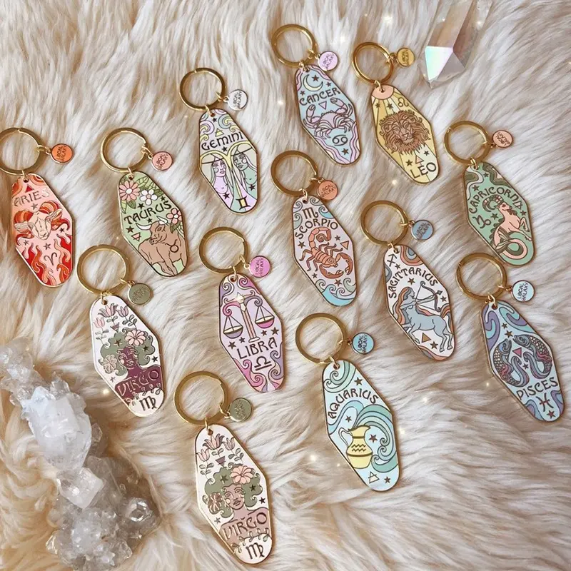 Zodiac Sign Keychain For Women, 12 Constellation Enamel Metal Key Ring Charm, Cute Astrology Keychain Pendant, Vintage Horoscope Accessories, Personalized Birthday Gift For Girls, Travel Souvenir, Bag Charm Decor, Unique Star Sign Jewelry
