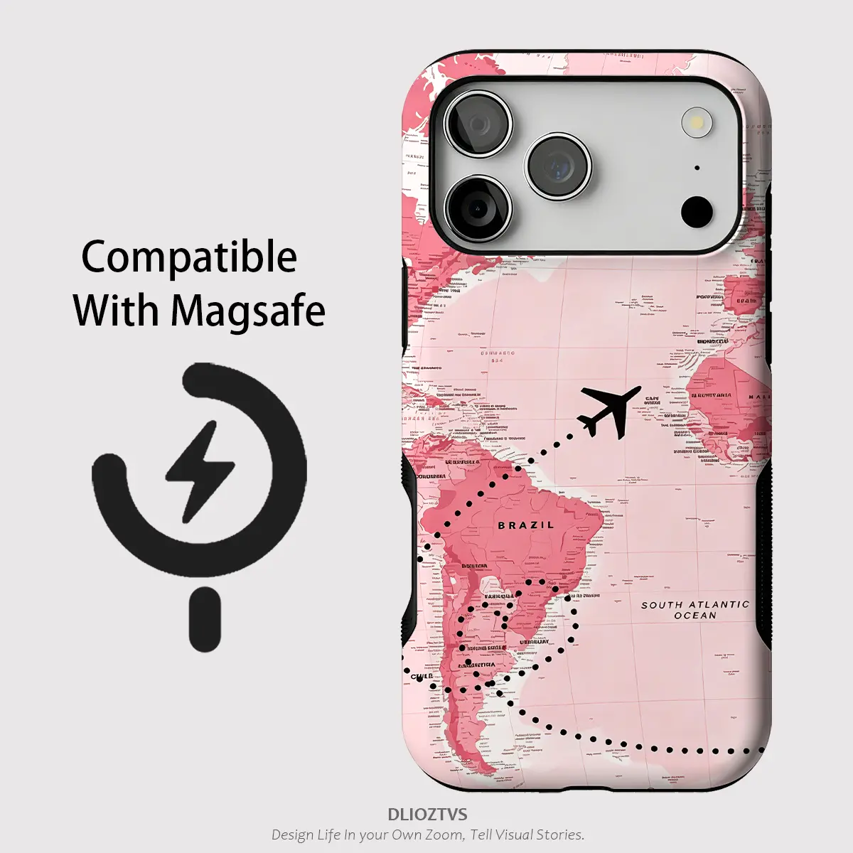Pink Map and Travel Plane Pattern Phone Cases for iPhone 17 Pro Max Air 17e 16 Plus 16e 15 14 13 12, Shockproof Durable 2 in 1 Protective Cellphone Case Cover, Matte Surface, Anti Slip Side, Compatible with MagSafe, DLIOZTVS Nice Cases