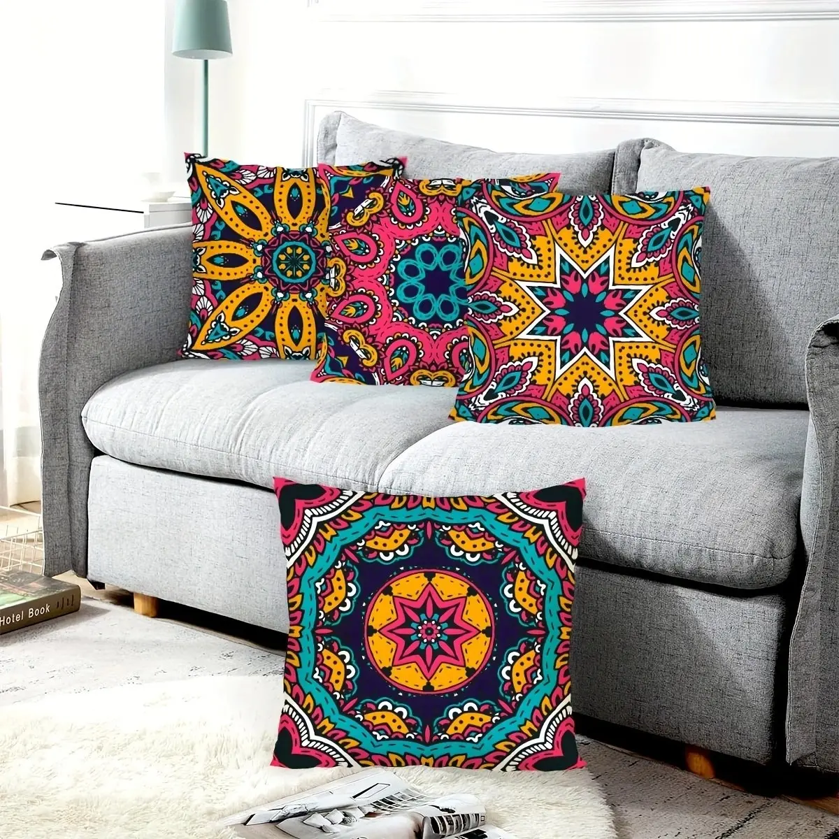 4-Pack Velvet Pillowcases, Mandala Pattern, Bohemian Style, Single-Sided Print, 17.7x17.7 Inches, Sofa, Living Room, Bedroom Decor