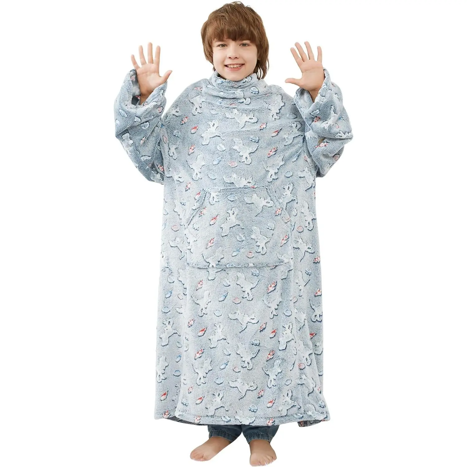 Wearable Fleece Blanket Hoodie, Blanket Hoodie for Kids with Sleeves & Foot, 47" X 47" Lightweight Soft Like Flannel, Glow Dinosaur Pattern