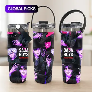 Auracup 1pc 30oz SAJA Boys Anime Tumbler with Handle and Lid, Double Wall Stainless Steel Vacuum Cup, Keep Hot 12H / Cold 24H, Leakproof Insulated Travel Mug, Stylish Kpop Idol Gift for Fans, Friends, Daily Coffee, Office, KPop Demon Hunters, Drinkware