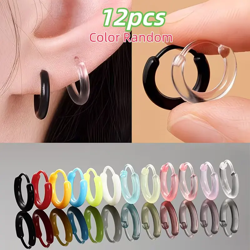 12 Pairs Multicolor Resin Earrings, Transparent Invisible Ear Cuffs, Hypoallergenic PC Resin, Waterproof, Lightweight, Unisex Daily Jewelry