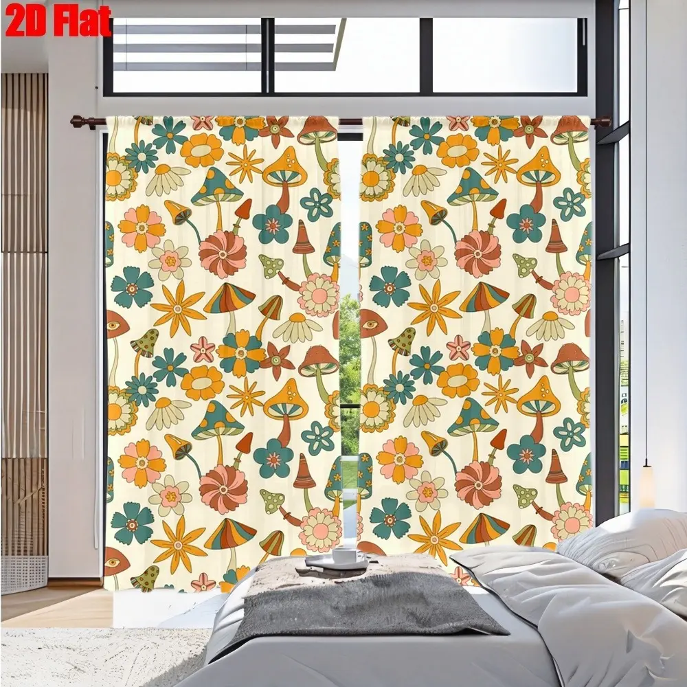 2D Flat 2Pcs Groovy Mushroom Flower Pattern Curtains for Living Room Bedroom Kitchen Window Decor, Full Sun Blocking Home Accents