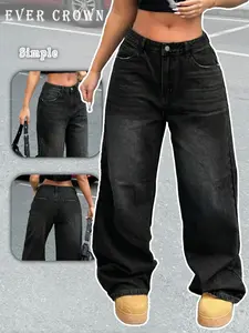 Women's Mid-Rise Loose Casual Jeans, Rivet & Frayed Washed Design, New In