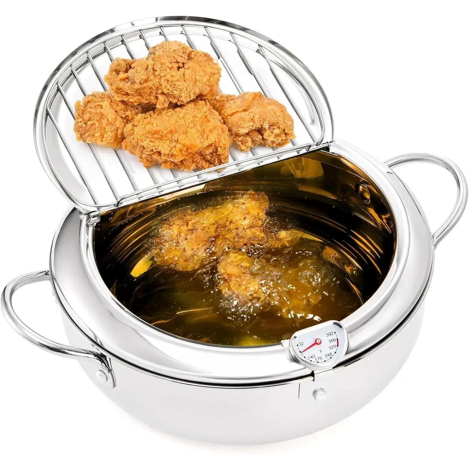 Stainless Steel Deep Fryer Pot, Frying Chicken Pot, Tempura deep Fryer with a Thermometer and a lid, Japanese Style Tempura Fryer Pan, 2.2L