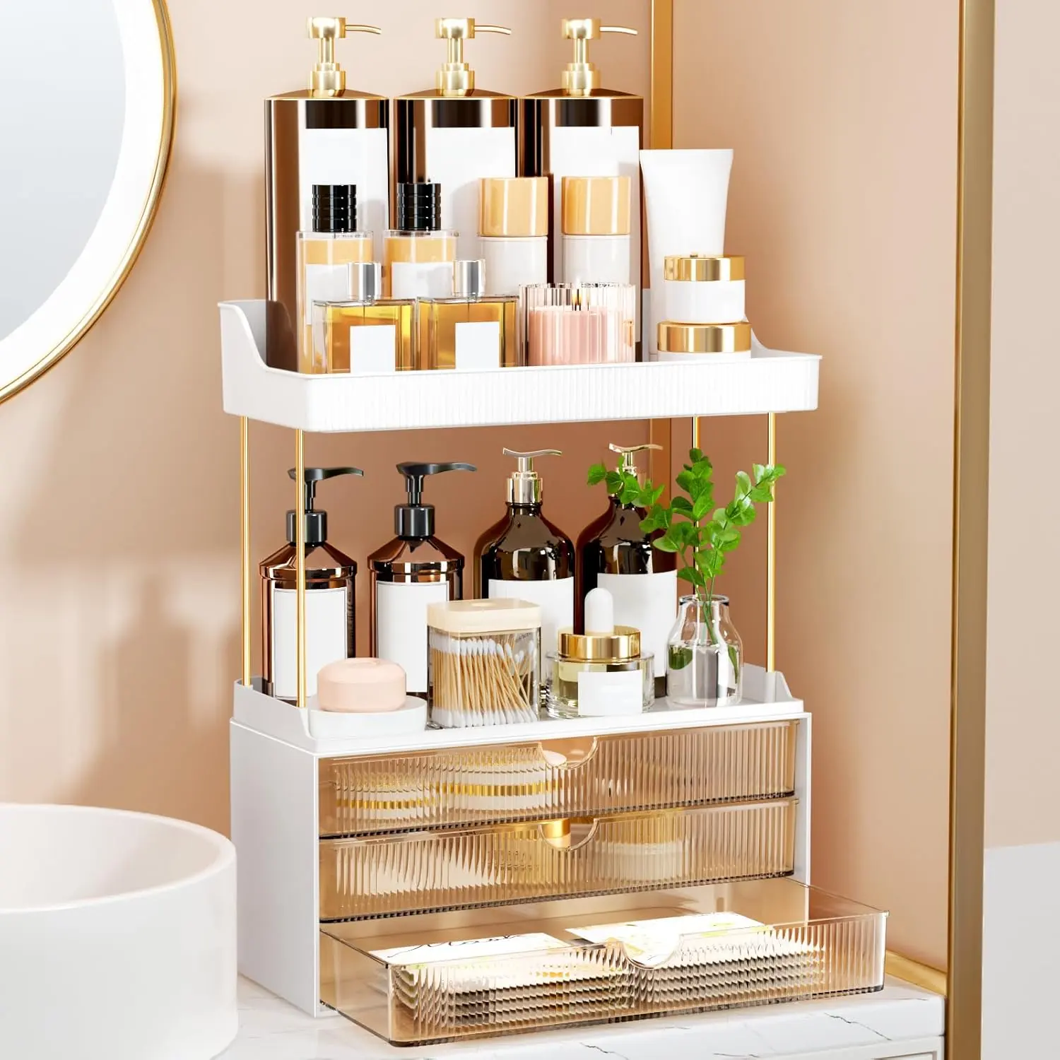 Amber 3-Drawer 5-Tier Multifunctional Cosmetic Storage Cabinet, Home Organizer & Organiser for Bathroom Countertop Vanity, Perfume, Large Skincare Products, Facial Masks