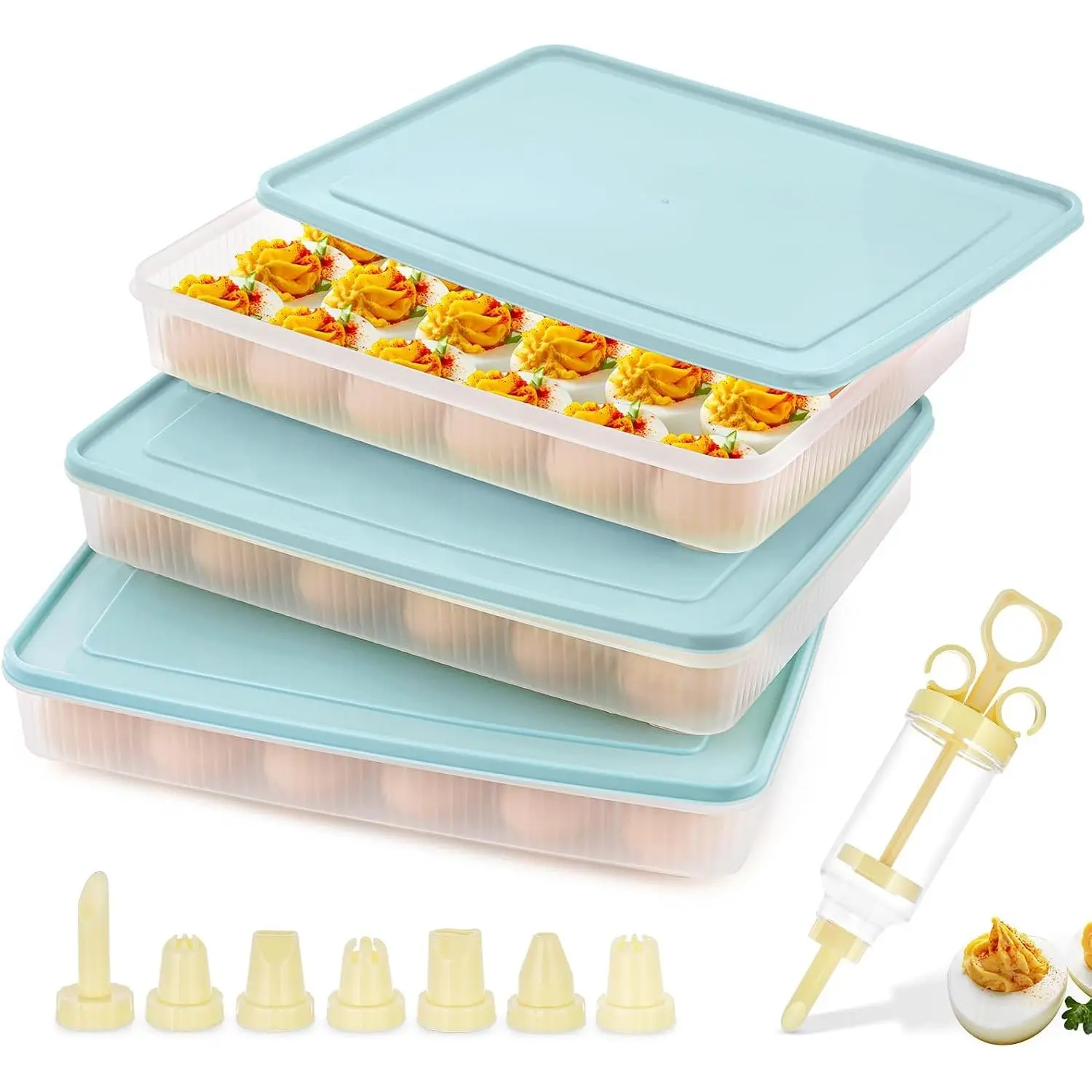 3 count Deviled Egg Containers with Lid 8 count Deviled Egg Injector Piping Tool | Egg Organizer for Refrigerator,Fridge Stackable Countertop Portable Egg Platter Suitable for Easter (Blue)