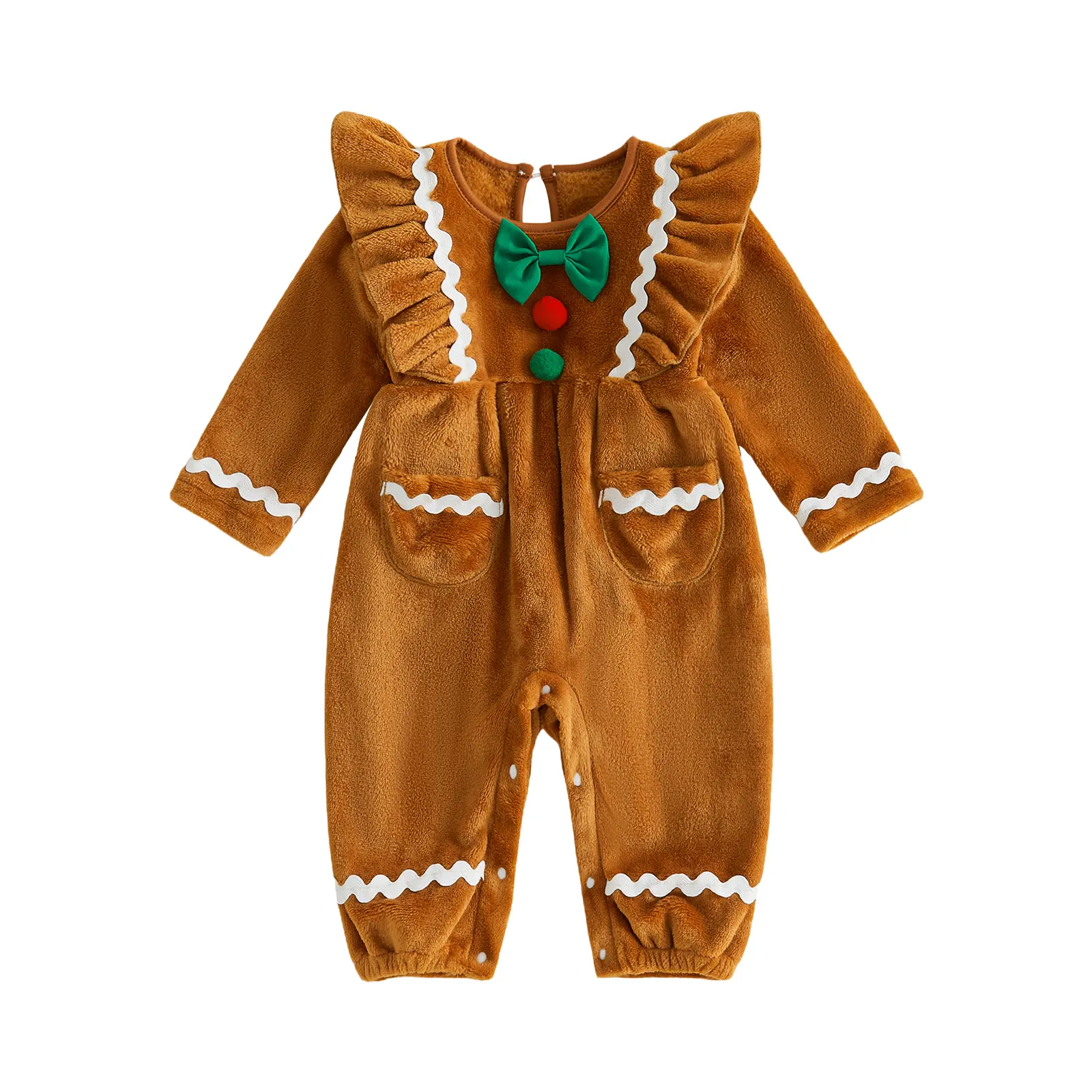 Infant Baby Girl Gingerbread Costume Crew Neck Long Sleeve Plush Christmas Romper Fall Winter 0-18 Months