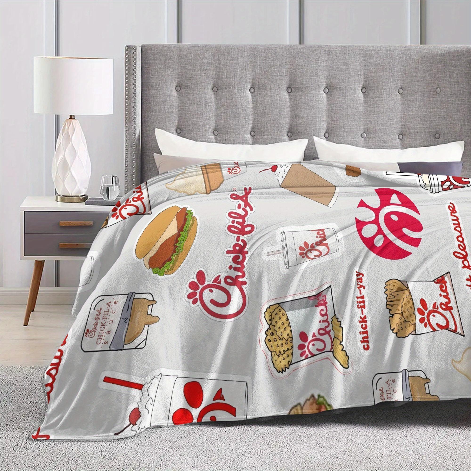 Chick-fil-A Themed Ultra-Soft Flannel Blanket – Cozy All-Season Throw with Iconic Food Illustrations, Perfect for Home, Office, Sofa, or Travel – Ideal Gift for Fans of the Popular Restaurant, Cozy Home Accessory Playful Design Decorative Blanket-280GSM