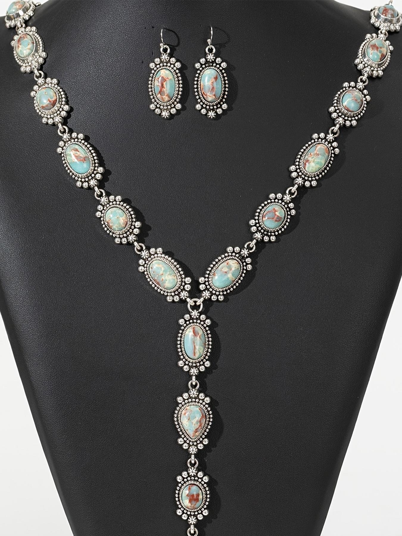 Boho Style Matching Jewelry Set, Vintage Fashion Long Necklace & Dangle Earrings, Trendy All-match & Exquisite Jewelry Set for Birthday Gift, Turquoise Jewelry Set