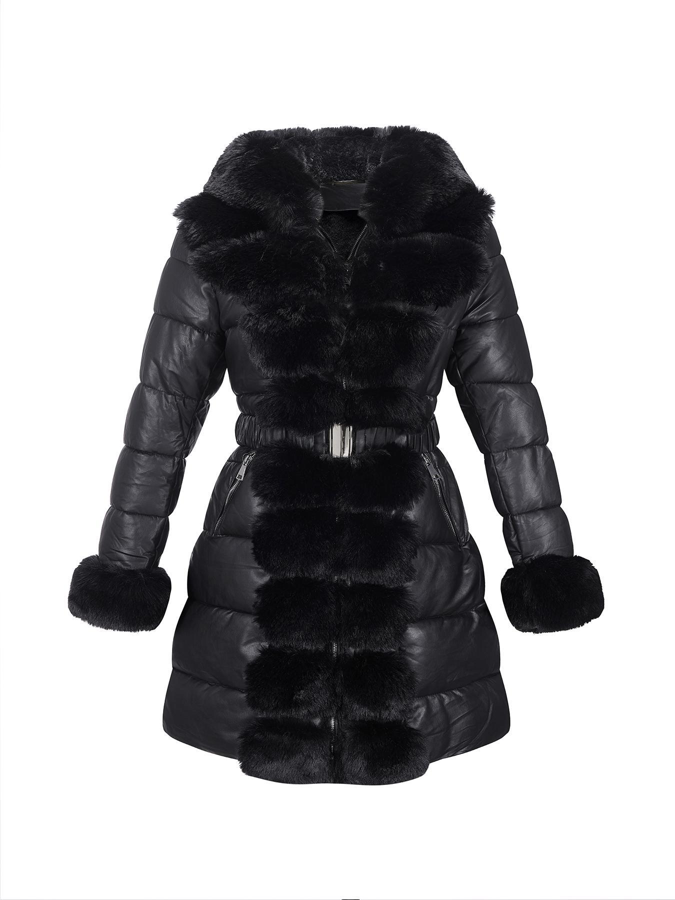 Women's Elegant Chic puffer Coat with Fleece Trim, Faux Fur & Belt, Mid-Length Fall Winter Hooded Fitted Jacket, Warm Daily Wear Outerwear