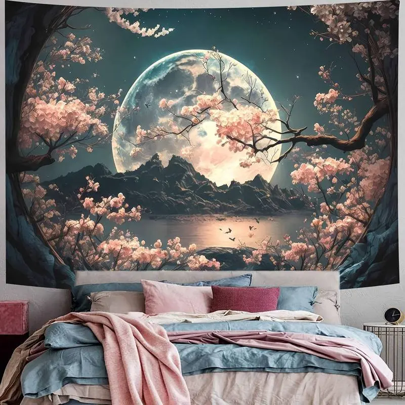 1 Piece Serene Cherry Blossom Moon Tapestry with Starry Sky Mountain Landscape, Aesthetic Wall Hanging Decor for Bedroom, Living Room, Dorm, Room Decoration with Easy Installation Kit Included decorative large tapestry wall Tapestry Wall Hanging
