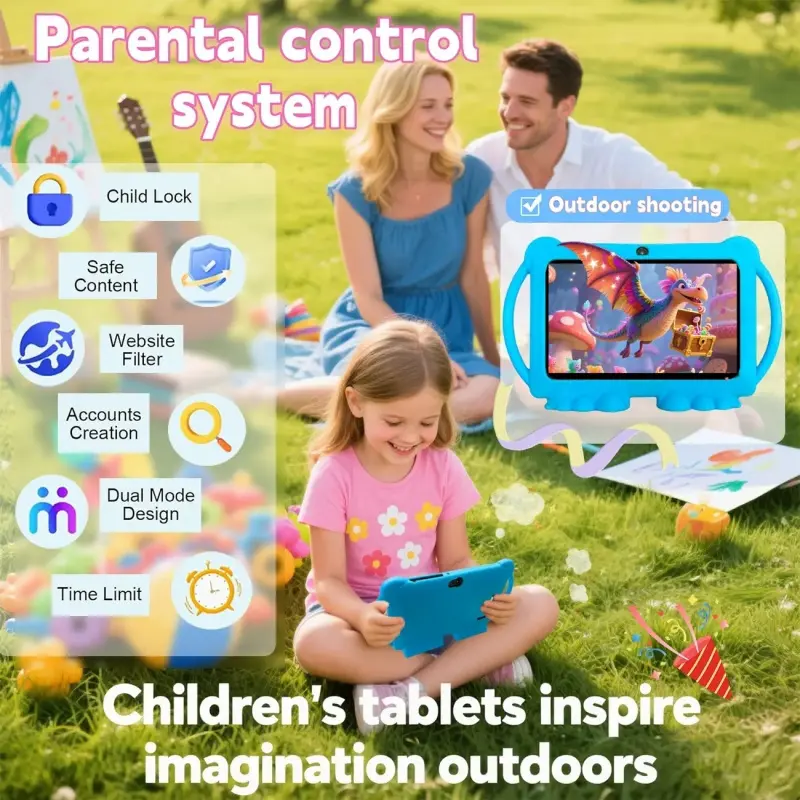 7-Inch Android Tablet with Shockproof Case, 1gb+16GB, Wi-Fi, Parental Control, Dual Cameras, Bluetooth-compatible, Educational, Blue/, Eye Protection Mode