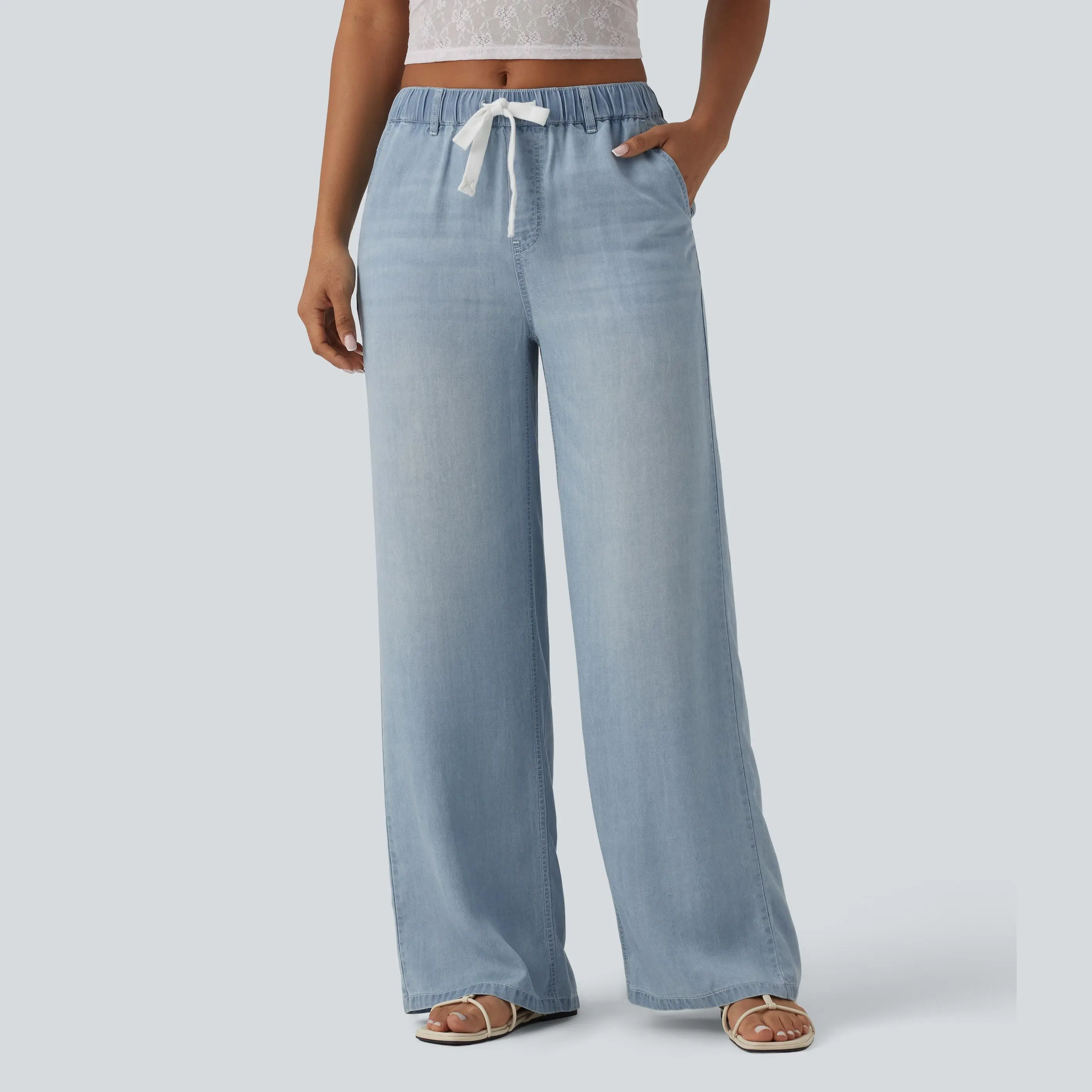 Halara Mid Rise Drawstring Casual Jeans with Pockets