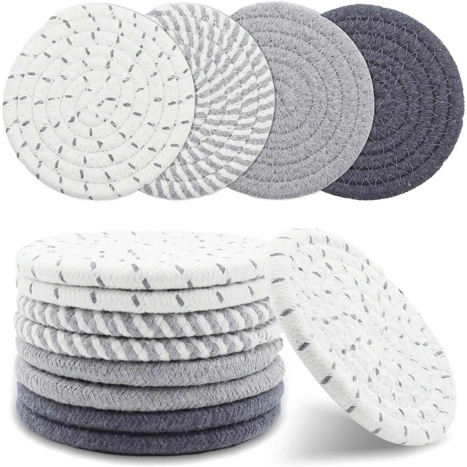 8 Pcs Drink Coasters, Minimalist Cotton Woven Coaster Set, 4 Colors Absorbent Coaster Protection for Various Cups, Ideal for Coffee Tables and Home Decor Tabletop, 4.3 Inches