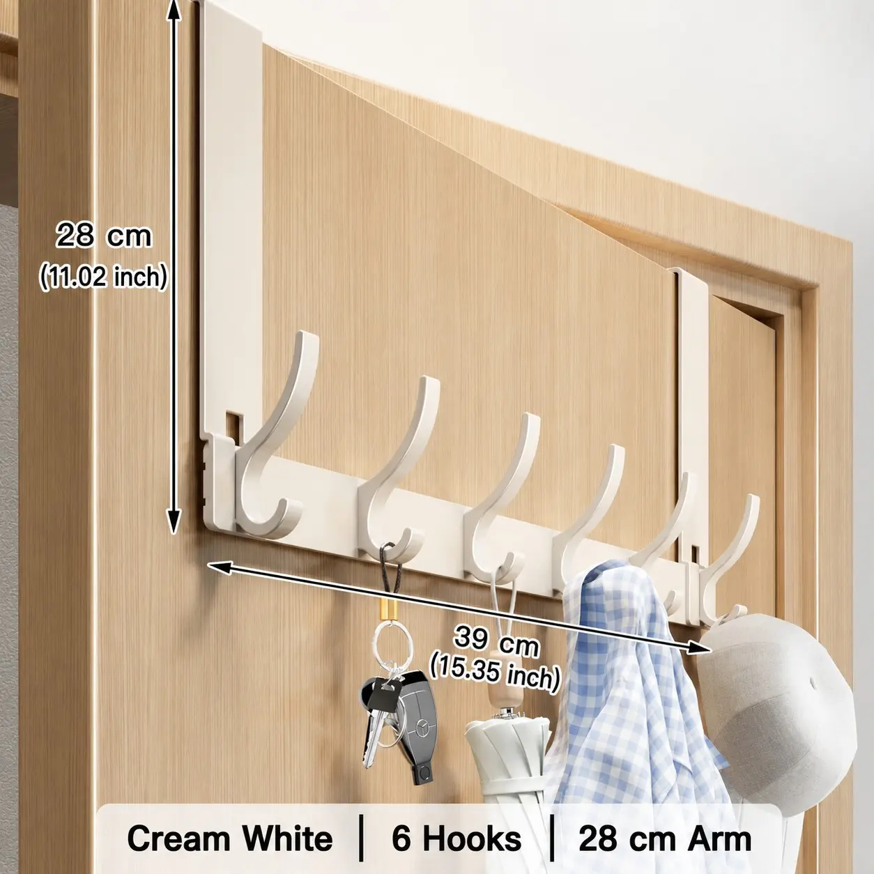 6 Hook Aluminum Door Hanger, Metal Hooks, Modern Minimalist Wall-Mounted Rack, No Drilling, Easy Installation, Towel and Clothes Organizer, Bathroom and Bedroom Shelf