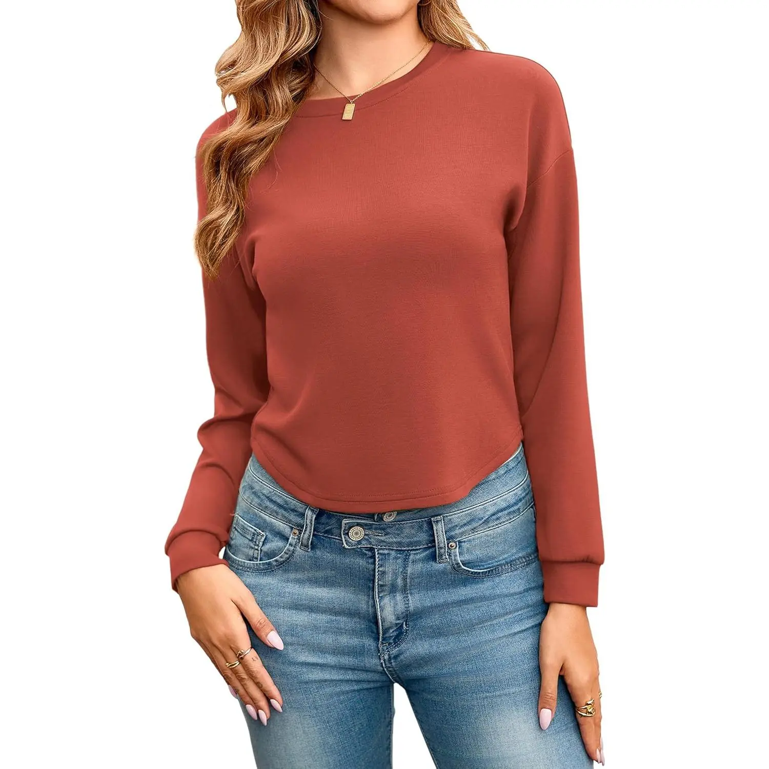 Women's Sporty Chic Long Sleeve Cropped Sweatshirt, Casual Wear Rayon Blend Loose Boxy Crewneck Top, Cropped Cut Fall Athletic Workout Tee, Round Neck