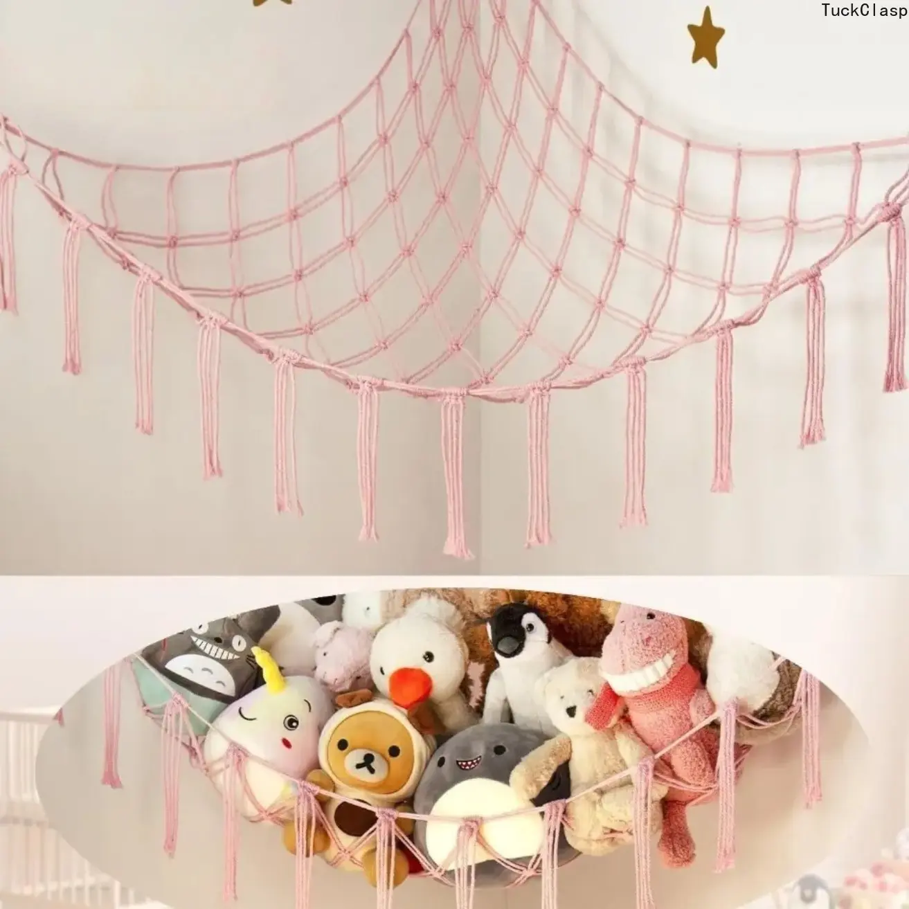 Handwoven Cotton Toy Storage Hammock, 55-Inch Triangular Corner Mesh Net for Kids’ Bedrooms, Hanging Organizer for Stuffed Animals & Toys, Space-Saving Room Decor for Home, Playrooms & Nurseries