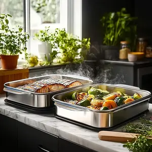 2pcs Extra Large Heavy Duty Stainless Steel Baking Pans with Lids - Non-Stick, Thick Rectangular Oven Trays for Desserts, Bread, and Seafood - Perfect for BBQs, Buffet Serving Trays| Spacious Design| Nonstick Surface, Baking Tray for OvenDD22HomeCookJoy