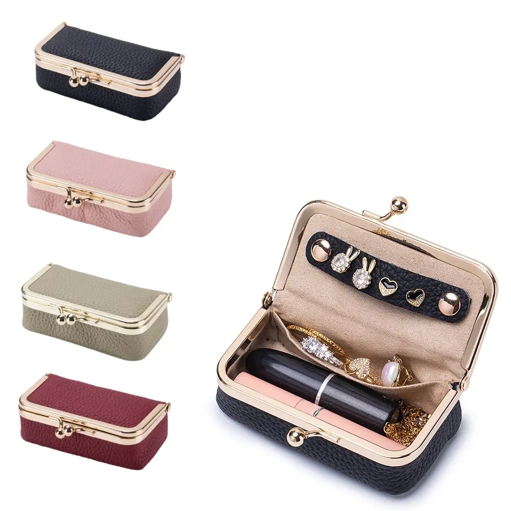 [Back to School]Genuine Leather Jewelry Box for Women, Mini Travel Organiser with Kiss Lock, Compact Pouch for Rings & Earrings, Metal Hardware, Lightweight, Women Accessories, Classic Style, Daily Storage Organizer, Mini Purse Gadget, Gift for Women-MM1