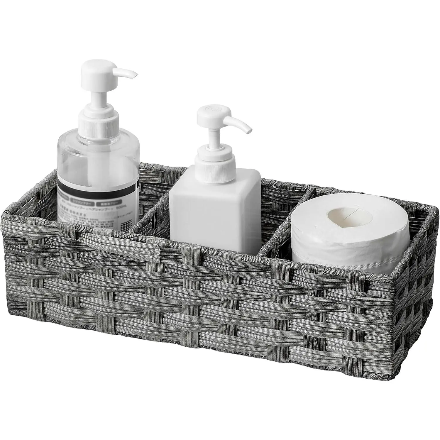 Toilet Tank Topper Paper Basket Multiuse Hand Woven Plastic Wicker Basket Bins with Divider for Shelves Rustic Farmhouse Bathroom Decor Countertop Organizer Storage