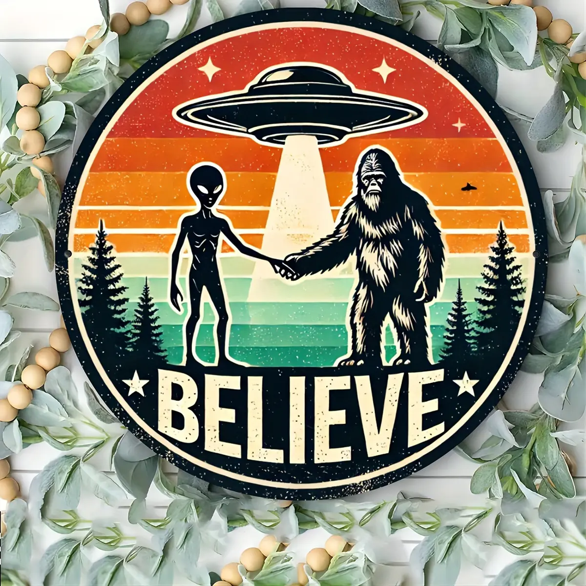Decorative Signs & Plaques1pc "Believe" UFO & Sasquatch 7.87x7.87inch Aluminum Wall Art - Vintage-Inspired Circular Sign with Pine Trees & Sunset Design for Home, Bar, Cafe, Garage Decor
