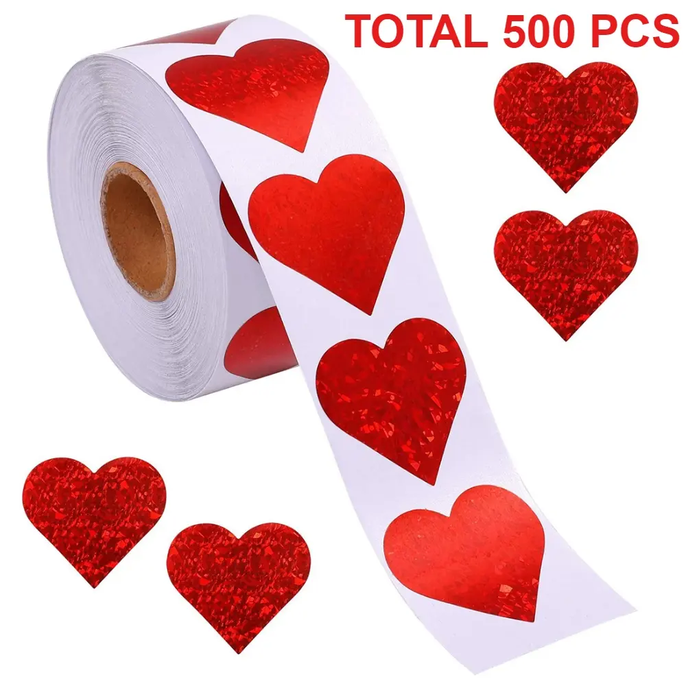 1 Roll Heart-Shaped Stickers, 500pcs Self-Adhesive PVC Seal Stickers, Valentine’s Day Decor for Greeting Cards, Flower & Gift Packaging