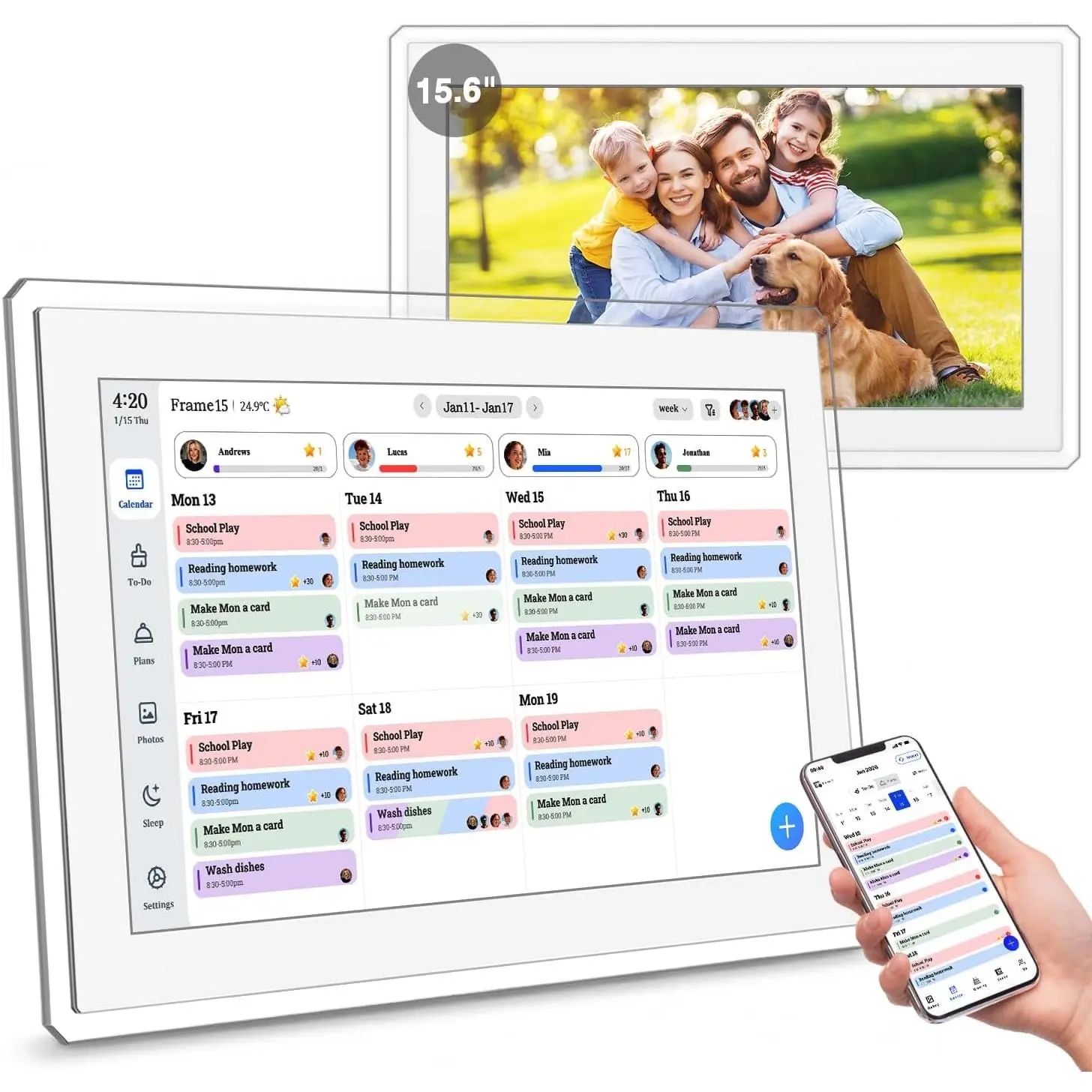 Digital Calendar Wall Touch Screen, 15.6 Inch Smart HD Electronic Calendar for Family & Chore Chart with Meal Planner, Built-in Digital Photo Frame, Gift for Parents & Kids(White)