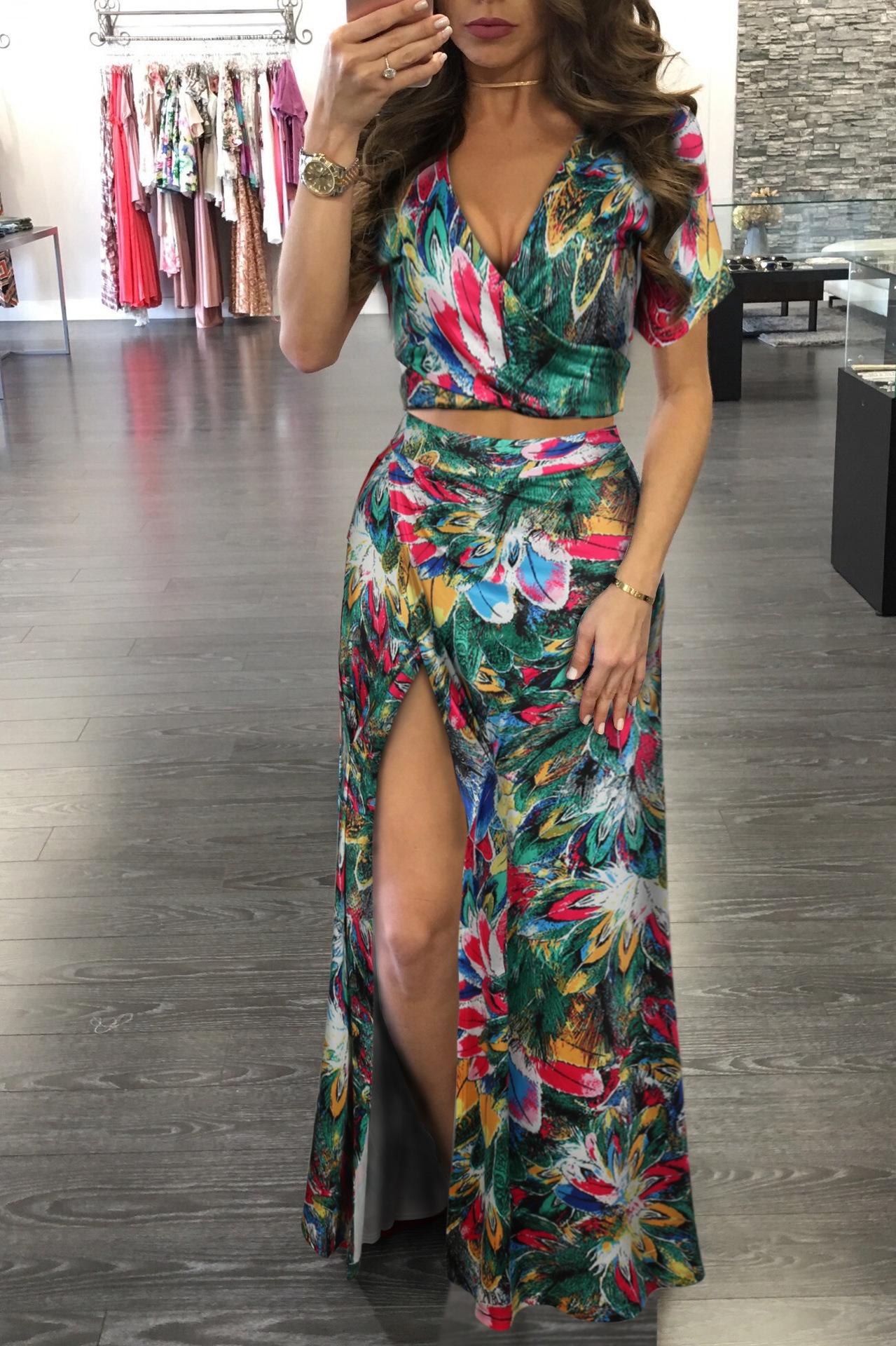 Women Floral Two Piece Maxi Dress Set Summer Vacation Outfits High Slit Long Skirt and V Neck Crop Top Sexy Beachwear Matching Set