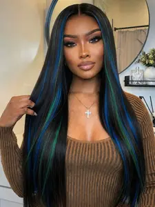 26 Inch Black with Blue and Green Highlights Straight Hair Lace Front Wig Lace Frontal Wigs Heat Resistant Synthetic Hair Natural Hairline